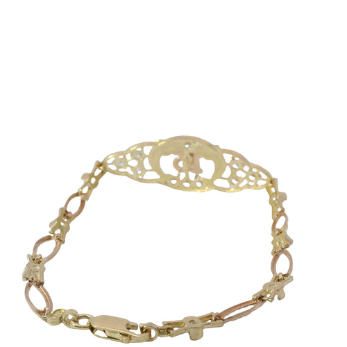 14KT Gold Bracelet Women's Tri Tone "15" Quinceanera Dolphins with White CZ Stone Centers with Alternating White CZ Stone / Eye Shape Band 4.5mm