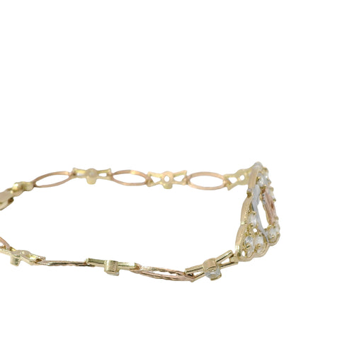 14KT Gold Bracelet Women's Tri Tone "15" Quinceanera Dolphins with White CZ Stone Centers with Alternating White CZ Stone / Eye Shape Band 4.5mm