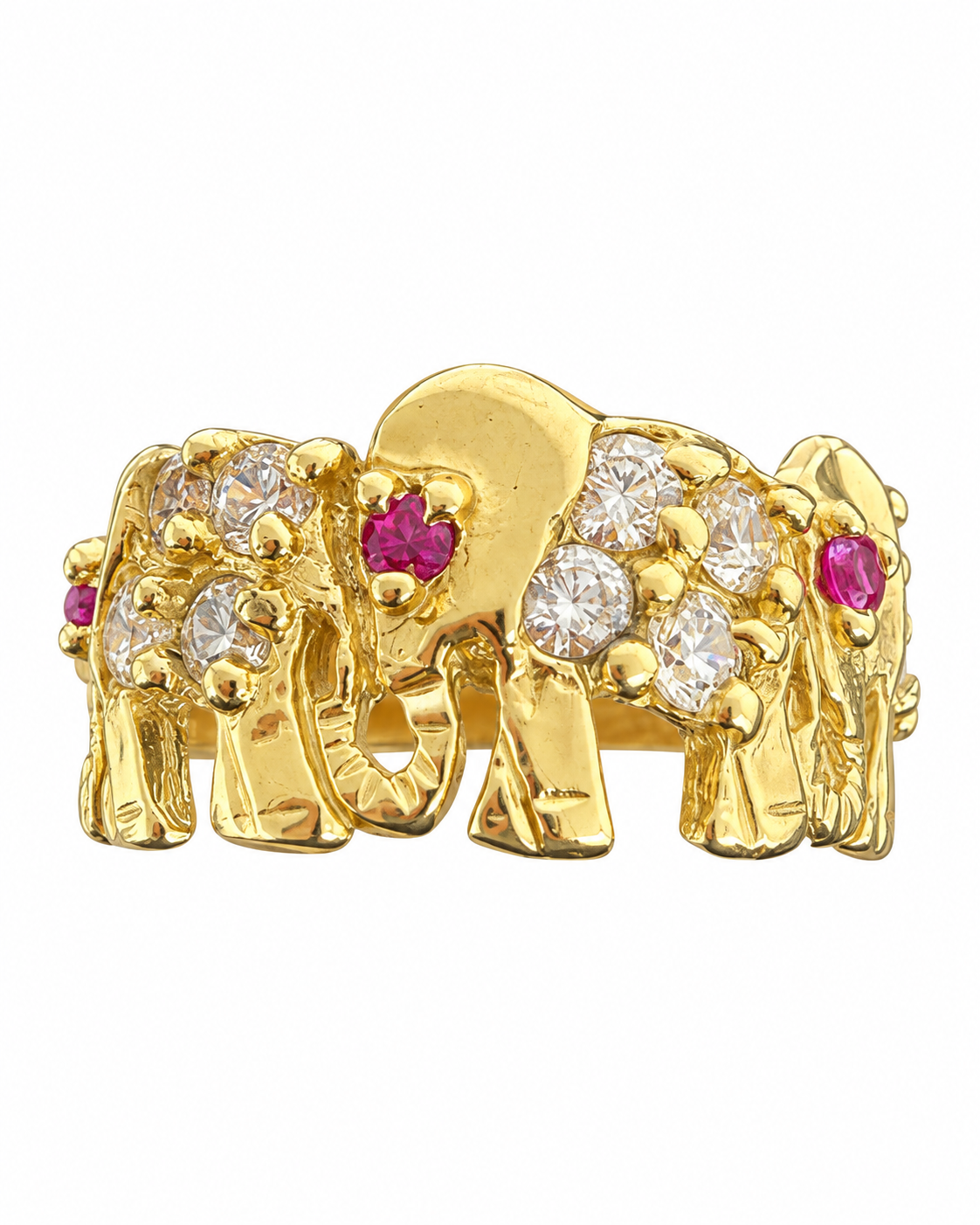 14KT Gold Ring Women's Three Left Facing Elephants with Dark Pink Eyes and Four Round White CZ Stones Body and Plain Band