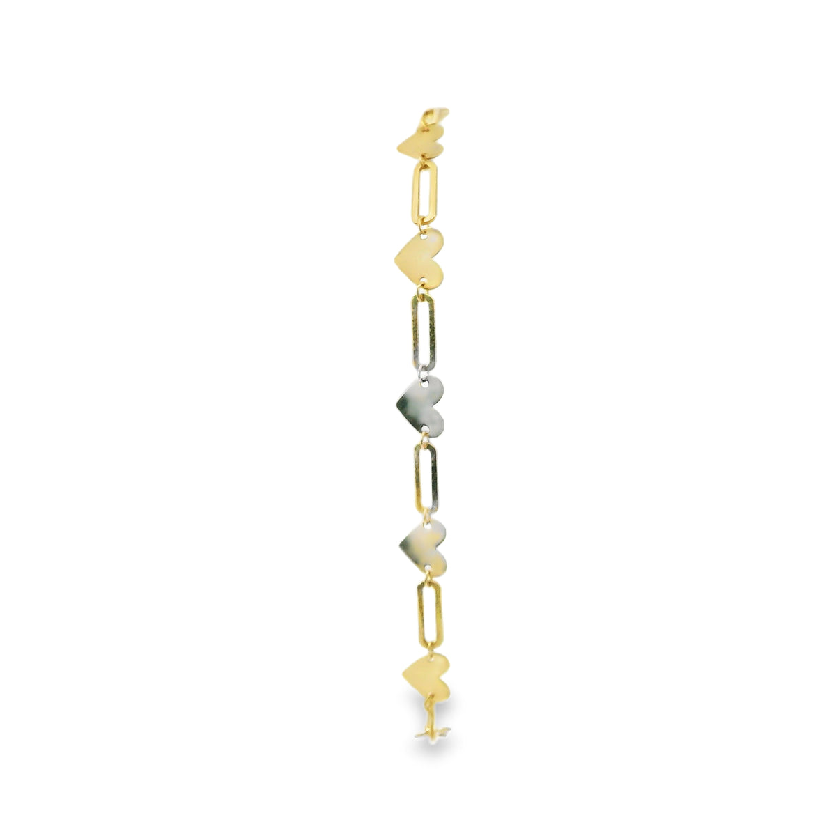 14KT Gold Bracelet Women's Alternating Horizontal Plain Hearts and Plain Paperclip Link with White CZ Stone Ends, and Lobster Clasp
