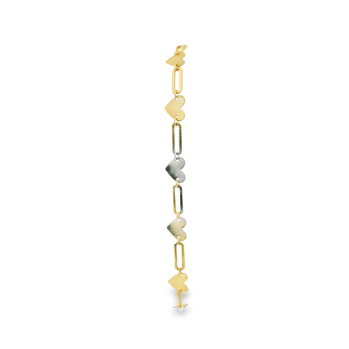 14KT Gold Bracelet Women's Alternating Horizontal Plain Hearts and Plain Paperclip Link with White CZ Stone Ends, and Lobster Clasp