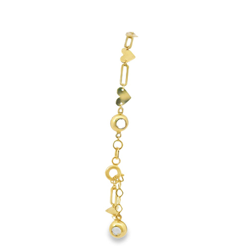 14KT Gold Bracelet Women's Alternating Horizontal Plain Hearts and Plain Paperclip Link with White CZ Stone Ends, and Lobster Clasp