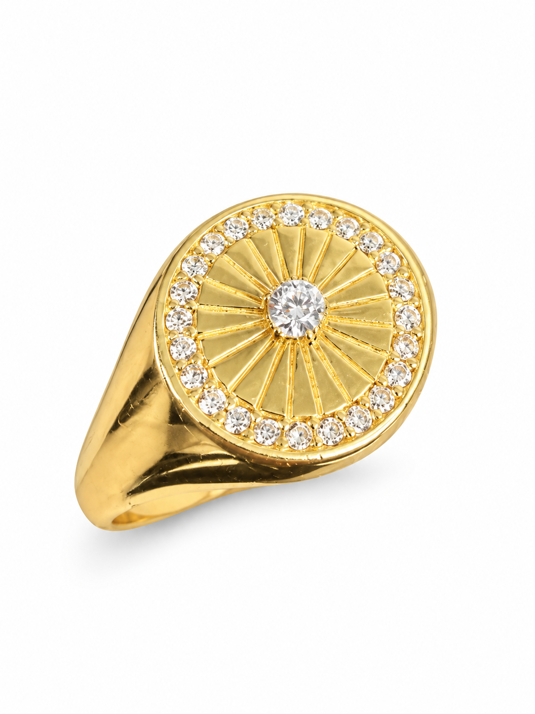 14KT Gold Ring Women's Round Roulette Wheel with White CZ Stone Center and Numbers with Plain Band