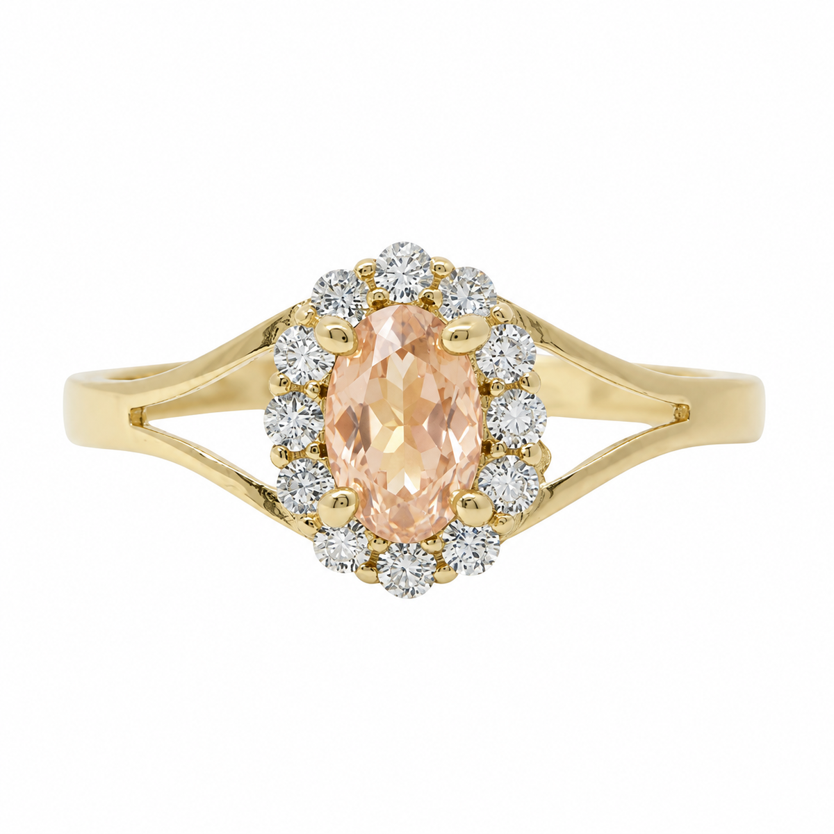 14KT Gold Ring Women's Mini Oval Champagne Center CZ Stone with Round White CZ Stones Border and Plain Split Band
