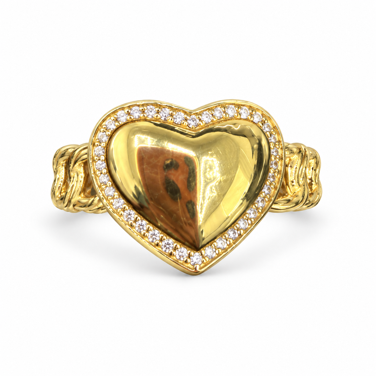 14KT Gold Ring Women's Engravable Heart with White CZ Stones Border and Cuban Link Band