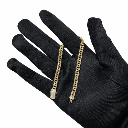 14KT Gold Bracelet Hollow Crown Chino Link with White CZ Stones and Plain Designer Style Lock 2mm