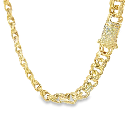14KT Gold Chain Hollow Chino with White CZ Lock 10mm