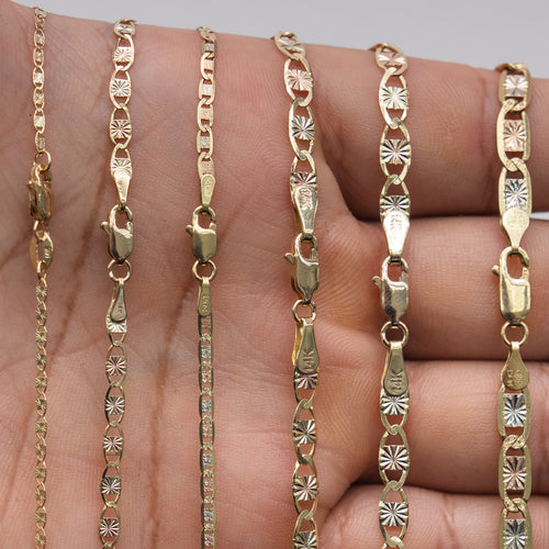 14KT Gold Chain Solid Tri Tone Square Valentino with Plain Edge and Spring Lock Clasp 2mm