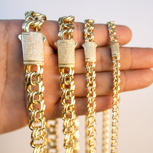 14KT Gold Chain Hollow Chino with White CZ Lock 3.5mm