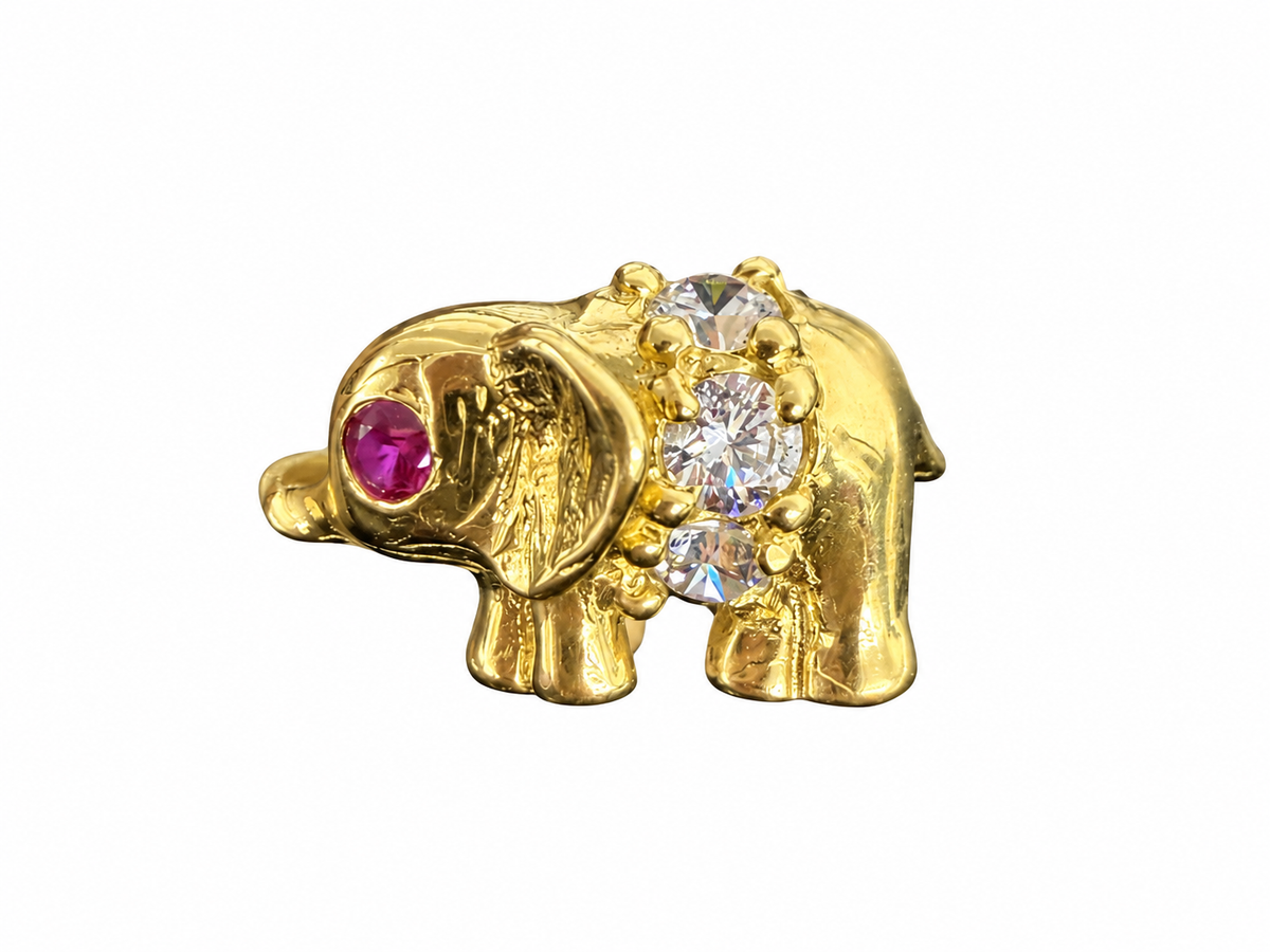 14KT  Gold Ring Women's Left Facing Dark Pink Eye Elephant Shape with White CZ Stones Belt Plain Band