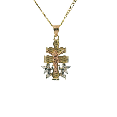 14KT Gold Charm Small Tri Tone Caravaca Crucifix Cross with Rounded Base and Plain Bell