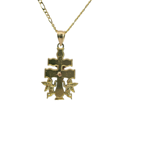 14KT Gold Charm Small Tri Tone Caravaca Crucifix Cross with Rounded Base and Plain Bell