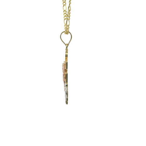 14KT Gold Charm Small Tri Tone Caravaca Crucifix Cross with Rounded Base and Plain Bell