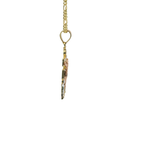 14KT Gold Charm Small Tri Tone Caravaca Crucifix Cross with Rounded Base and Plain Bell