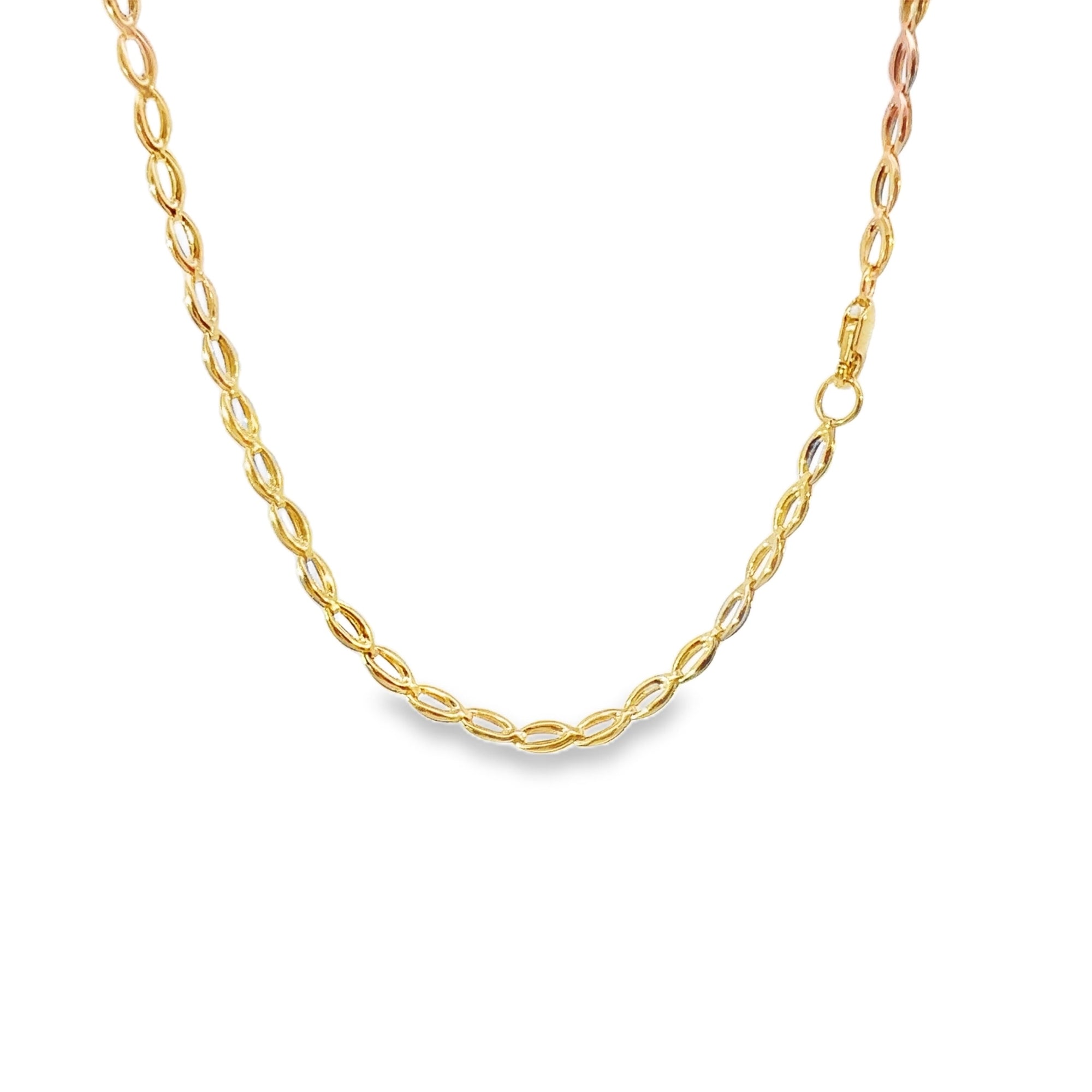 14KT Gold Chain Hollow Tri Tone Fancy Oval Shackle Link with Plain Clasp 3mm