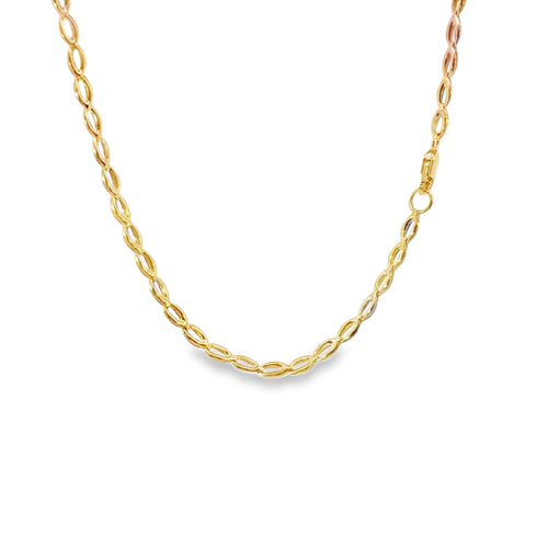 14KT Gold Chain Hollow Tri Tone Fancy Oval Shackle Link with Plain Clasp 3mm