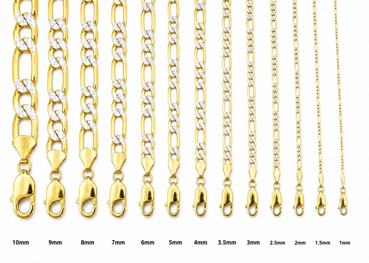 14KT Gold Chain Hollow Figaro Pave 9mm