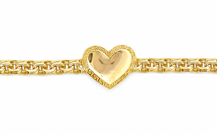 14KT Gold Chain Solid Greek Chino Heart White CZ Double Box with Diamond Outline on Clasp 10mm