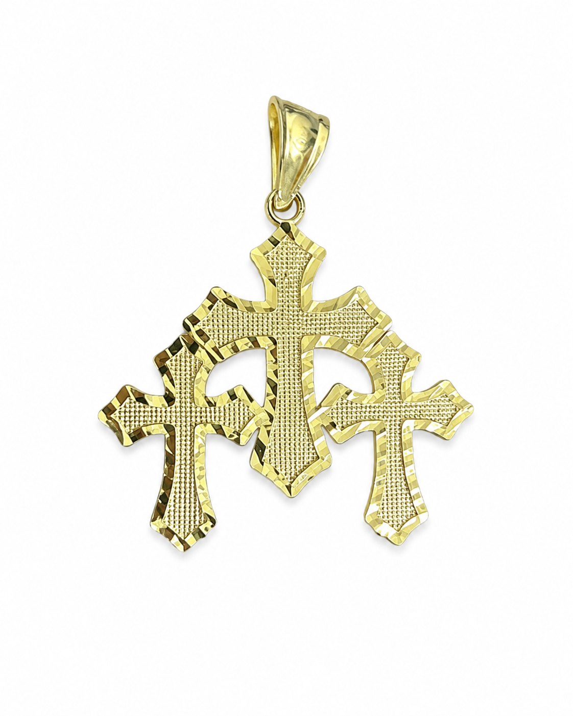 14KT Gold Charm Large Triple Diamond Cut Gothic Cross with Plain Diamond Cut Border and Plain Bell