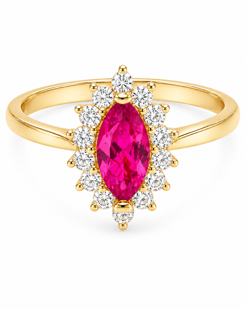 14KT Gold Ring Women's Flower Marquise Dark Pink Center Stone with White CZ Stones Petals Border and Plain Band