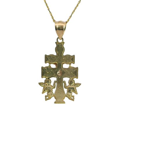 14KT Gold Charm Large Tri Tone Caravaca Crucifix Cross with Rounded Base and Plain Bell