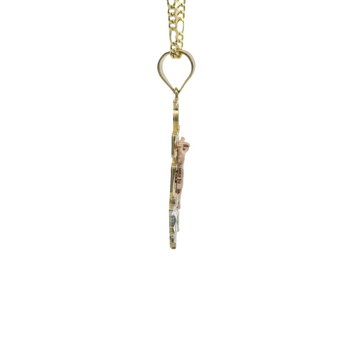 14KT Gold Charm Large Tri Tone Caravaca Crucifix Cross with Rounded Base and Plain Bell