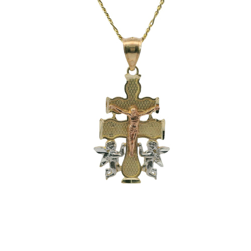 14KT Gold Charm Large Tri Tone Caravaca Crucifix Cross with Rounded Base and Plain Bell