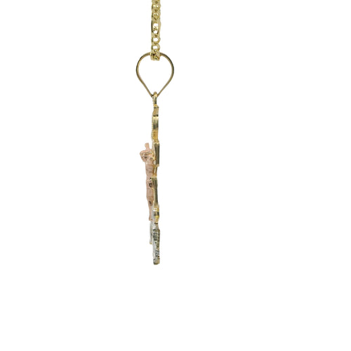 14KT Gold Charm Large Tri Tone Caravaca Crucifix Cross with Rounded Base and Plain Bell