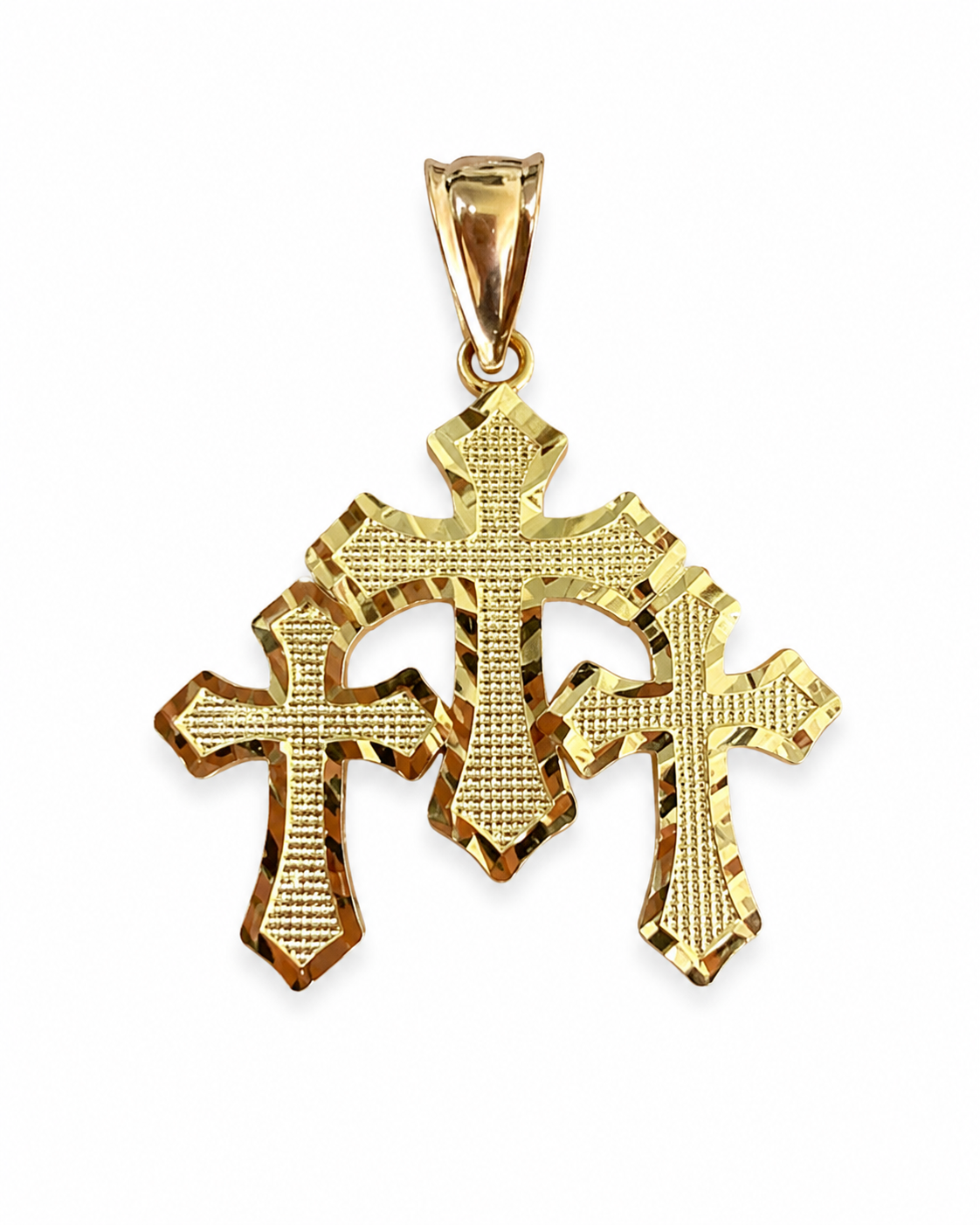 14KT Gold Charm Medium Triple Diamond Cut Gothic Cross with Plain Diamond Cut Border and Plain Bell