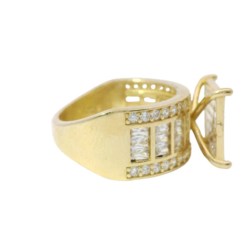14KT Gold Ring Women's Mini Square Four Prong Six Row White CZ Stones Cluster with Four Sections of Three CZ Baguettes with Round White CZ Stones Border Band