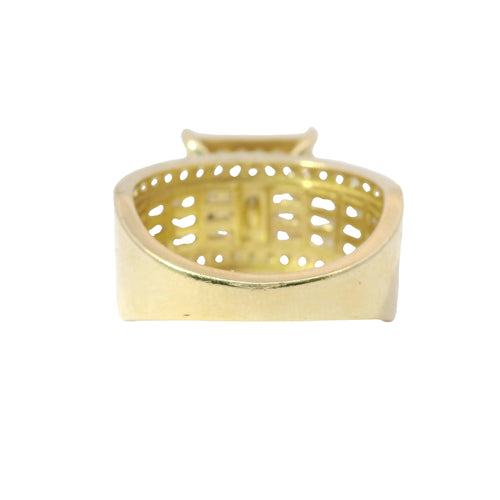 14KT Gold Ring Women's Mini Square Four Prong Six Row White CZ Stones Cluster with Four Sections of Three CZ Baguettes with Round White CZ Stones Border Band