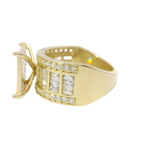 14KT Gold Ring Women's Mini Square Four Prong Six Row White CZ Stones Cluster with Four Sections of Three CZ Baguettes with Round White CZ Stones Border Band