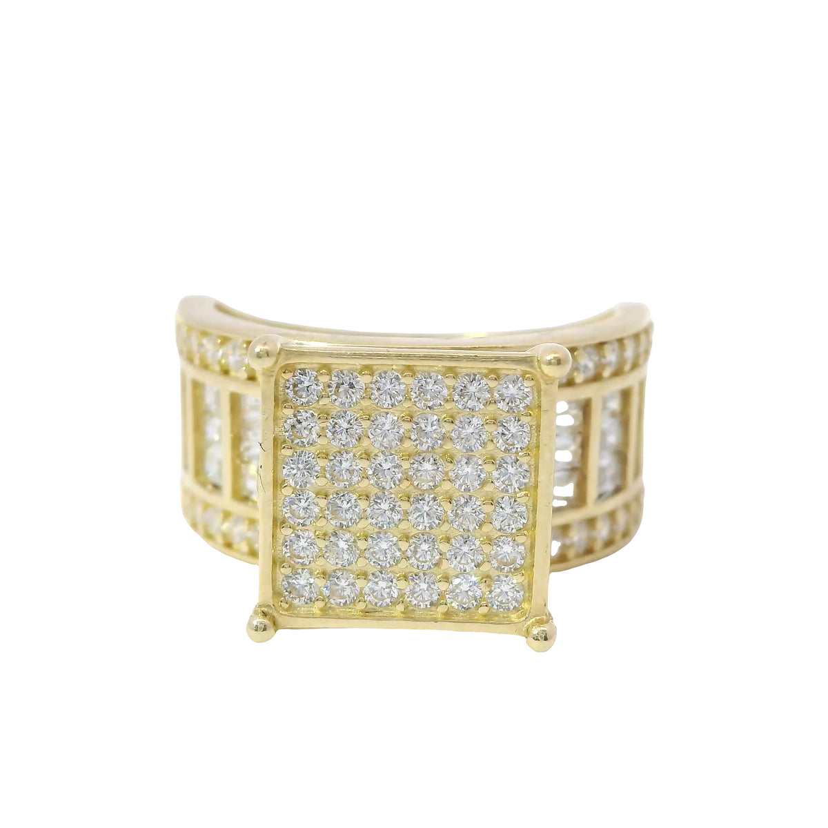 14KT Gold Ring Women's Mini Square Four Prong Six Row White CZ Stones Cluster with Four Sections of Three CZ Baguettes with Round White CZ Stones Border Band