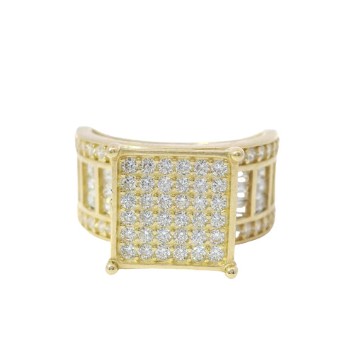 14KT Gold Ring Women's Mini Square Four Prong Six Row White CZ Stones Cluster with Four Sections of Three CZ Baguettes with Round White CZ Stones Border Band