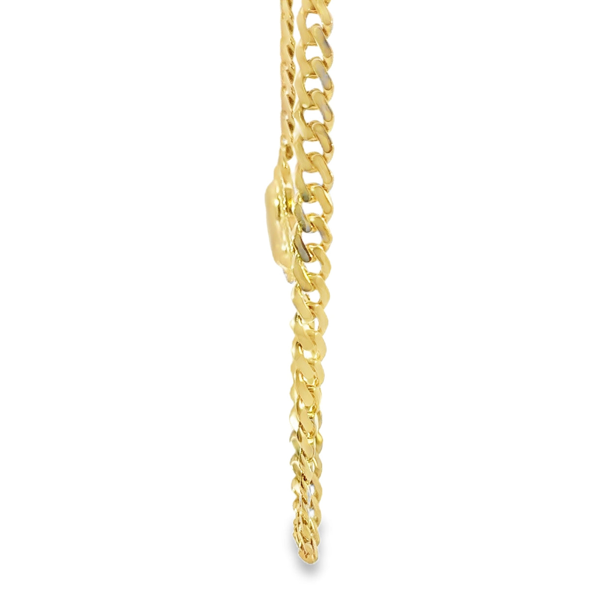 14KT Gold Chain Hollow Miami Cuban with Plain Heart Center with White CZ Stones Border and White CZ Stones Curved Designer Style Double Box Clasp 8.5mm