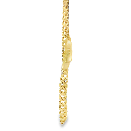 14KT Gold Chain Hollow Miami Cuban with Plain Heart Center with White CZ Stones Border and White CZ Stones Curved Designer Style Double Box Clasp 8.5mm