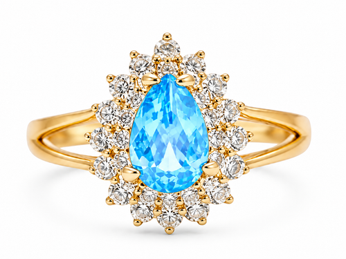 14KT Women's Gold Ring Pear Turquoise CZ Stone Center with Round Double White CZ Stones Border and Plain Split Band
