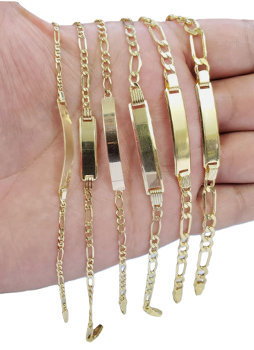 14KT Gold Bracelet Solid Plain Figaro Band with Plain Name Plate 1.5mm