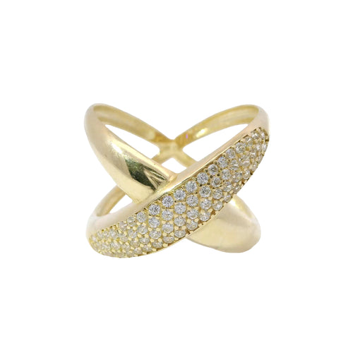14KT Gold Ring Women's Puff "X" Center with One White CZ Stones Leg and Plain Split Band