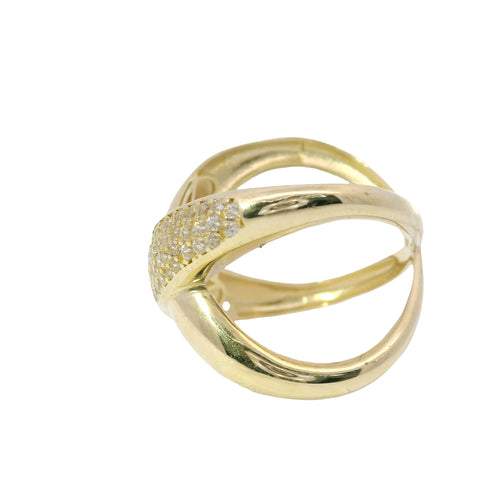 14KT Gold Ring Women's Puff "X" Center with One White CZ Stones Leg and Plain Split Band