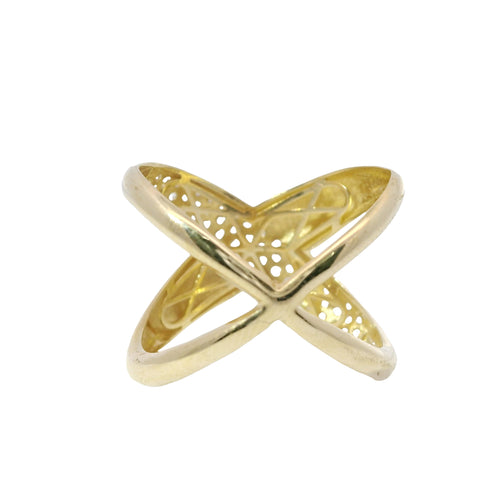 14KT Gold Ring Women's Puff "X" Center with One White CZ Stones Leg and Plain Split Band