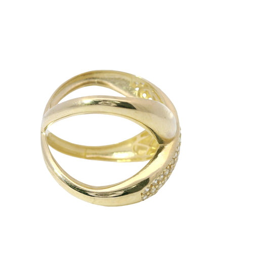14KT Gold Ring Women's Puff "X" Center with One White CZ Stones Leg and Plain Split Band