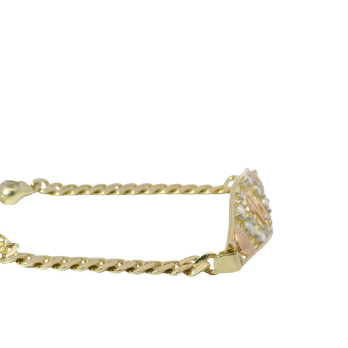 14KT Gold Bracelet Women's "15" Quinceanera Marquise and Round White CZ Stones Galaxy Plaque Center with Double Plain Puff Plain Heart Sides and Cuban Link Band with White CZ Stone End Lobster Clasp