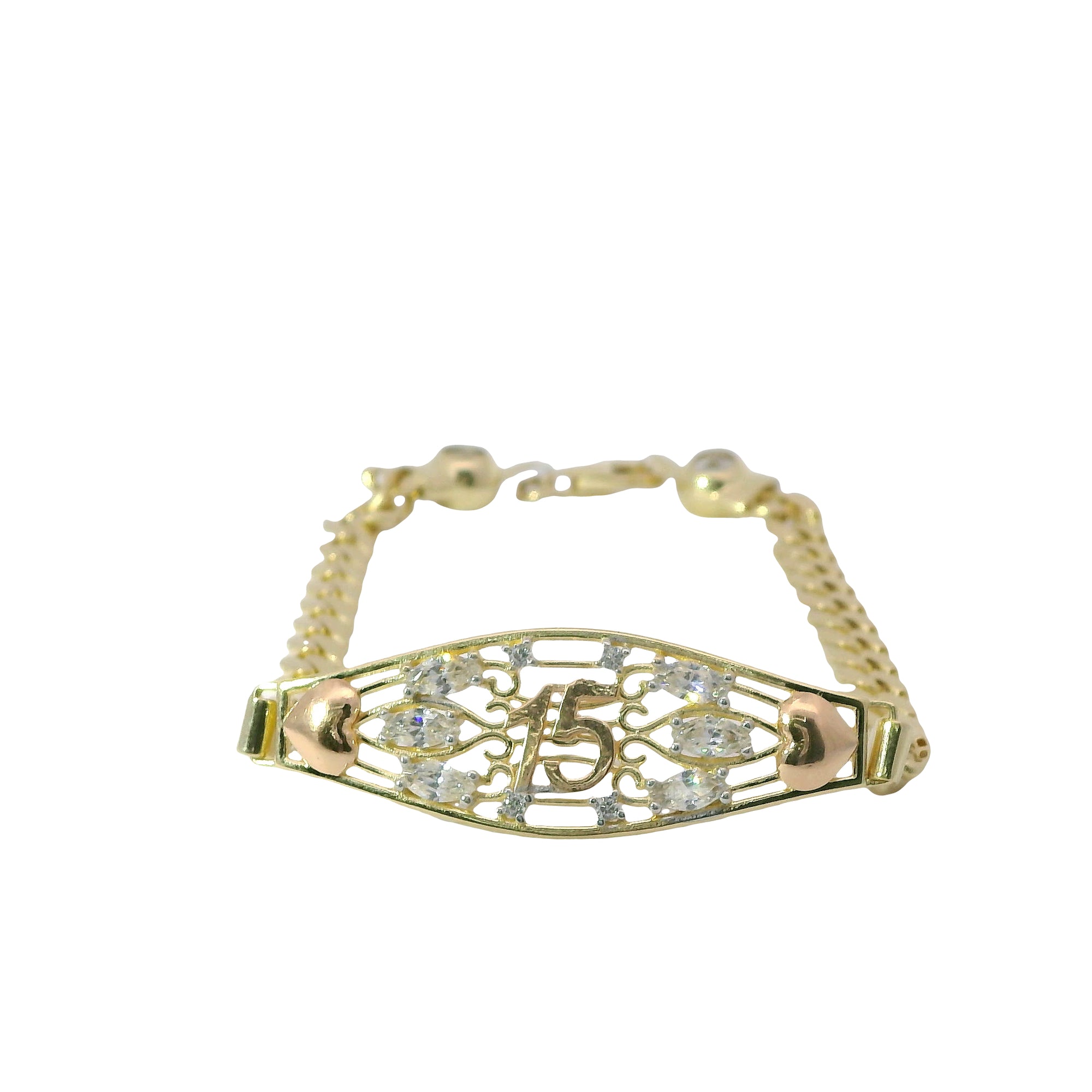 14KT Gold Bracelet Women's "15" Quinceanera Marquise and Round White CZ Stones Galaxy Plaque Center with Double Plain Puff Plain Heart Sides and Cuban Link Band with White CZ Stone End Lobster Clasp