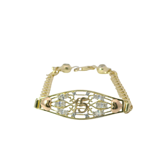 14KT Gold Bracelet Women's "15" Quinceanera Marquise and Round White CZ Stones Galaxy Plaque Center with Double Plain Puff Plain Heart Sides and Cuban Link Band with White CZ Stone End Lobster Clasp