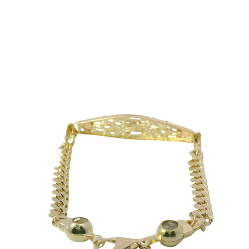 14KT Gold Bracelet Women's "15" Quinceanera Marquise and Round White CZ Stones Galaxy Plaque Center with Double Plain Puff Plain Heart Sides and Cuban Link Band with White CZ Stone End Lobster Clasp