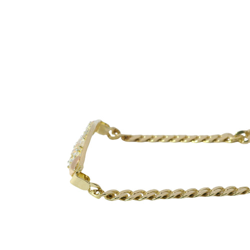 14KT Gold Bracelet Women's "15" Quinceanera Marquise and Round White CZ Stones Galaxy Plaque Center with Double Plain Puff Plain Heart Sides and Cuban Link Band with White CZ Stone End Lobster Clasp