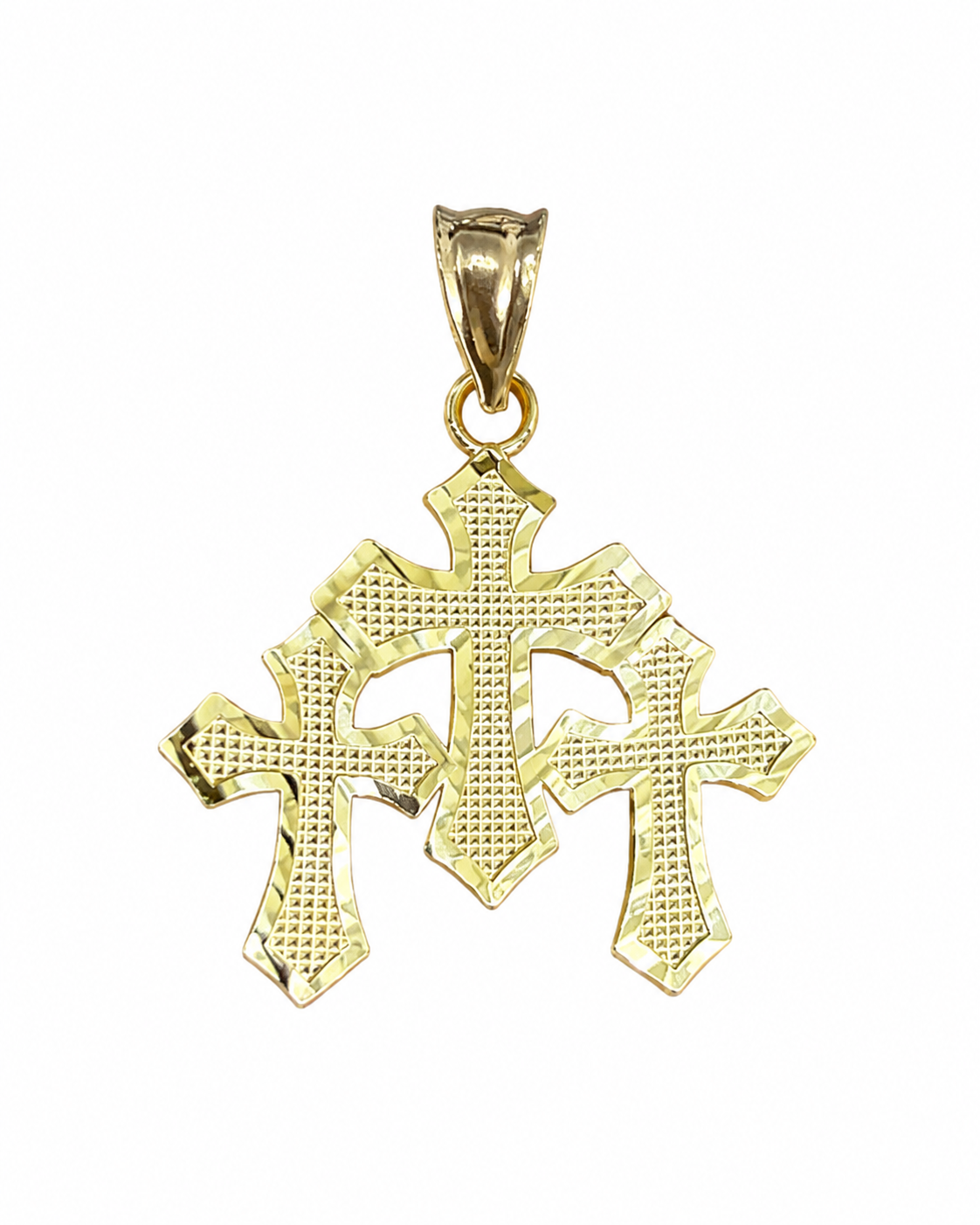 14KT Gold Charm Small Triple Diamond Cut Gothic Cross with Plain Diamond Cut Border and Plain Bell