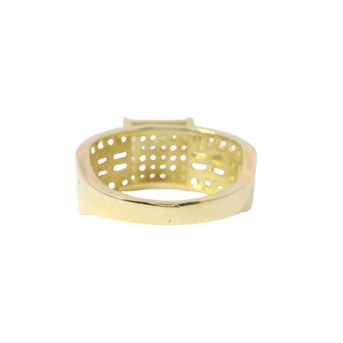 14KT Gold Ring Women's Mini Square Four Prong Six Row White CZ Stones Cluster with Four Sections of Two CZ Baguettes with Single Row of Round White CZ Stones Border Band