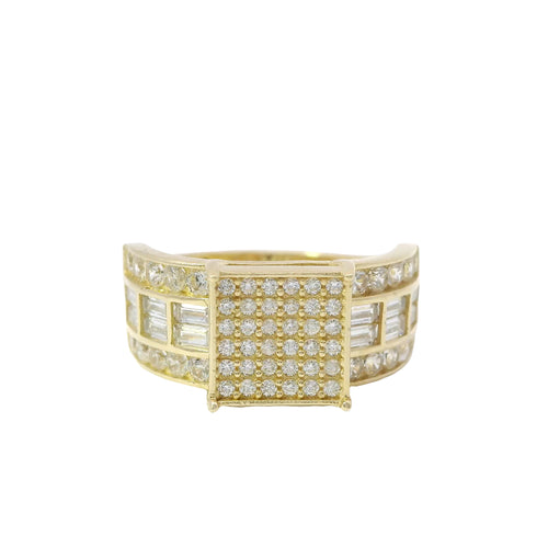 14KT Gold Ring Women's Mini Square Four Prong Six Row White CZ Stones Cluster with Four Sections of Two CZ Baguettes with Single Row of Round White CZ Stones Border Band